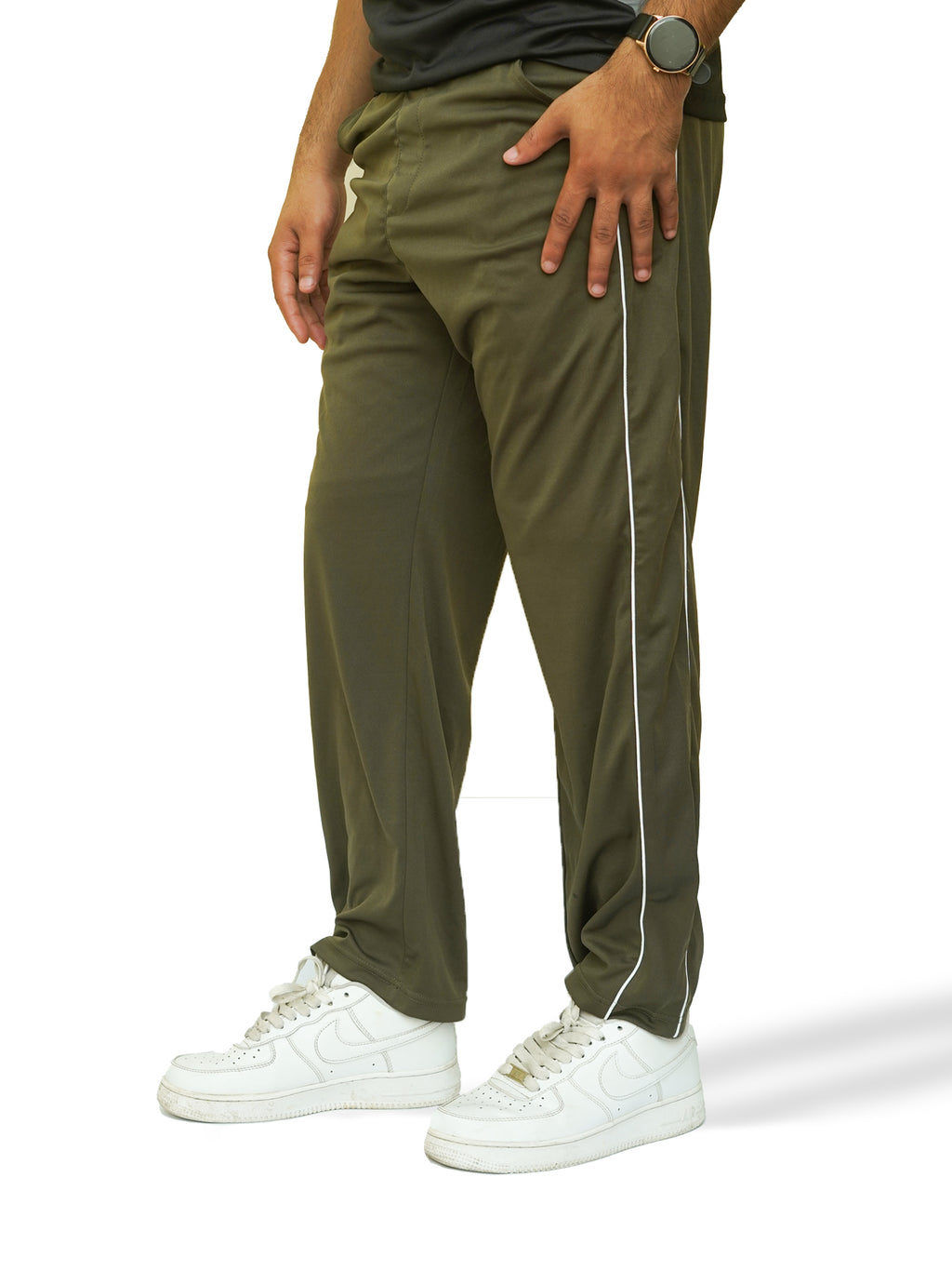 Olive Micro Relaxed Fit Trousers with White Piping