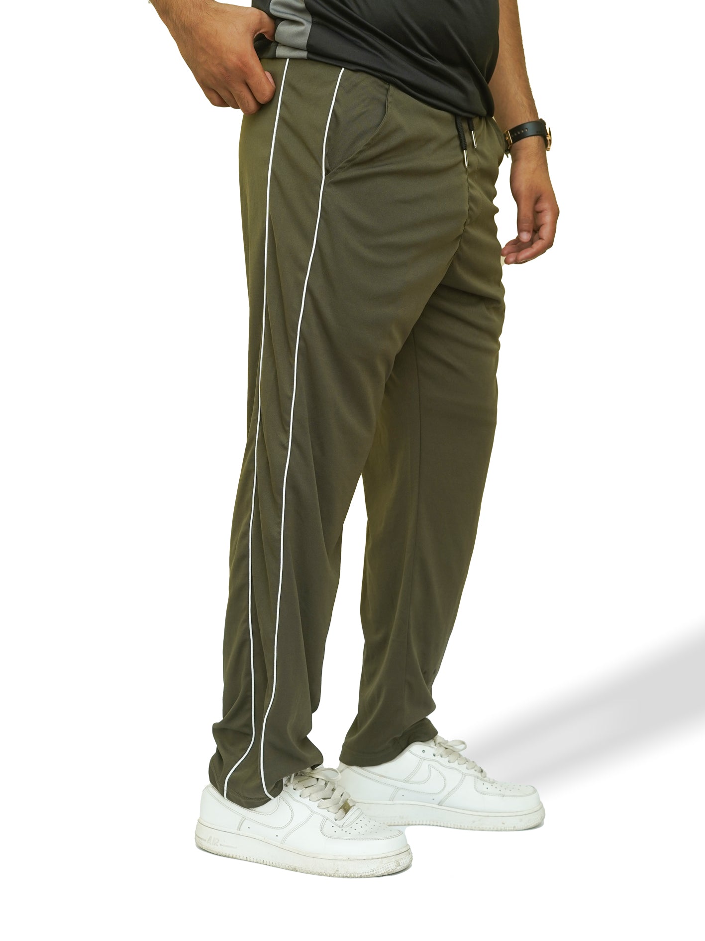 Olive Micro Relaxed Fit Trousers with White Piping
