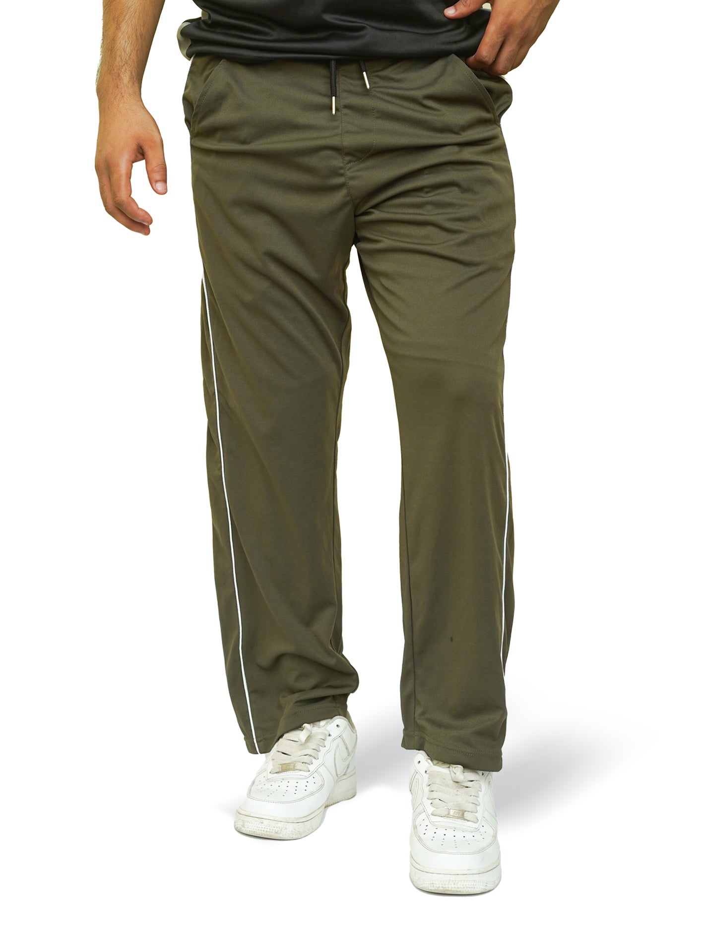 Olive Micro Relaxed Fit Trousers with White Piping