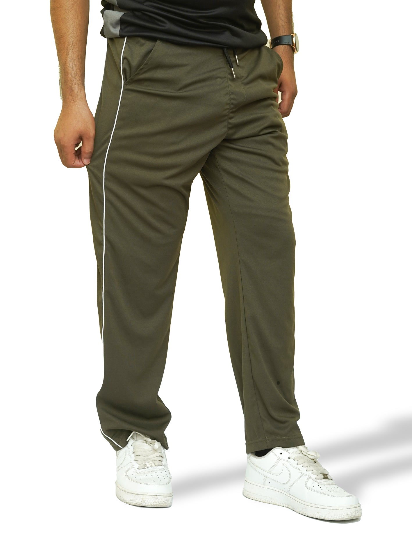 Olive Micro Relaxed Fit Trousers with White Piping