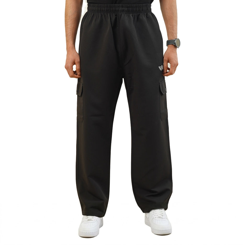 Black Woven Terry Wide Leg Cargo Trousers