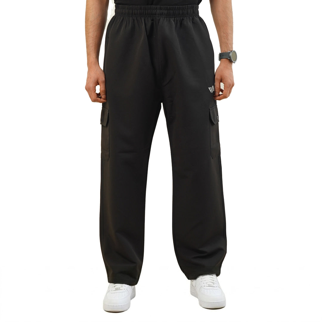 Black Woven Terry Wide Leg Cargo Trousers