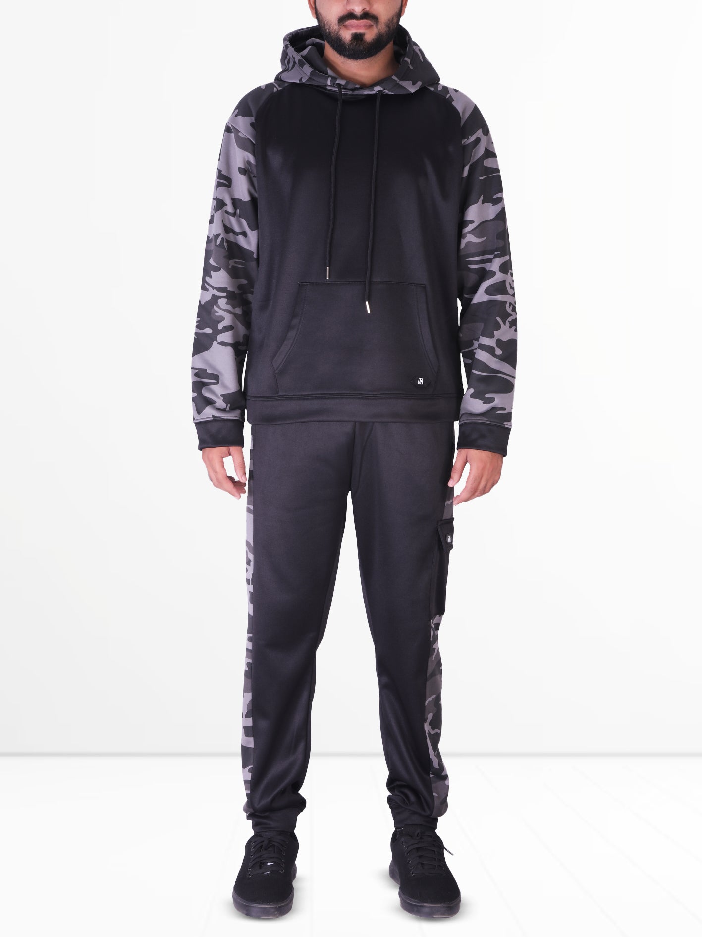 Black & Camo Grey Raglan Tracksuit - Hoodie & Trouser Set