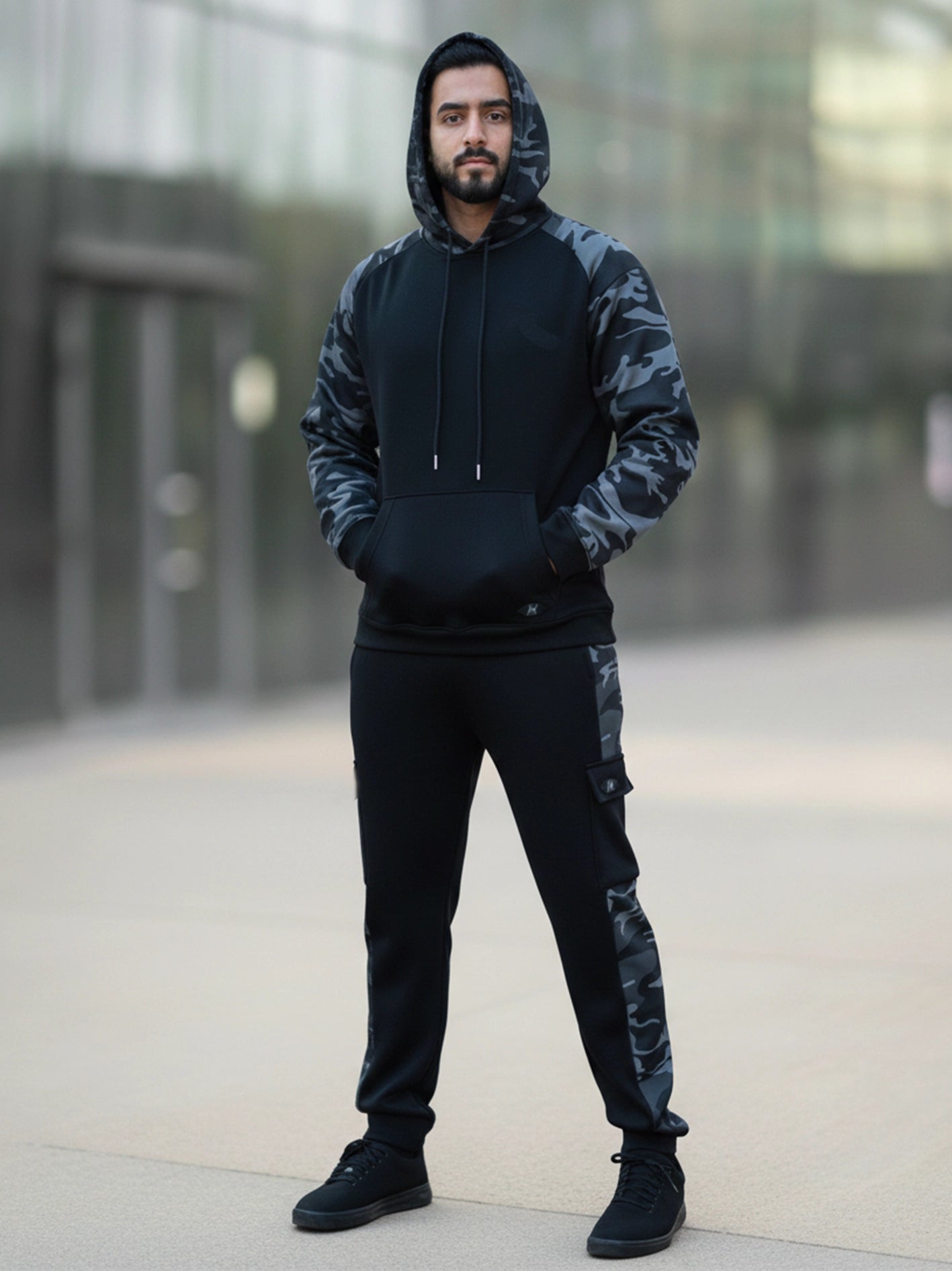 Black & Camo Grey Raglan Tracksuit - Hoodie & Trouser Set