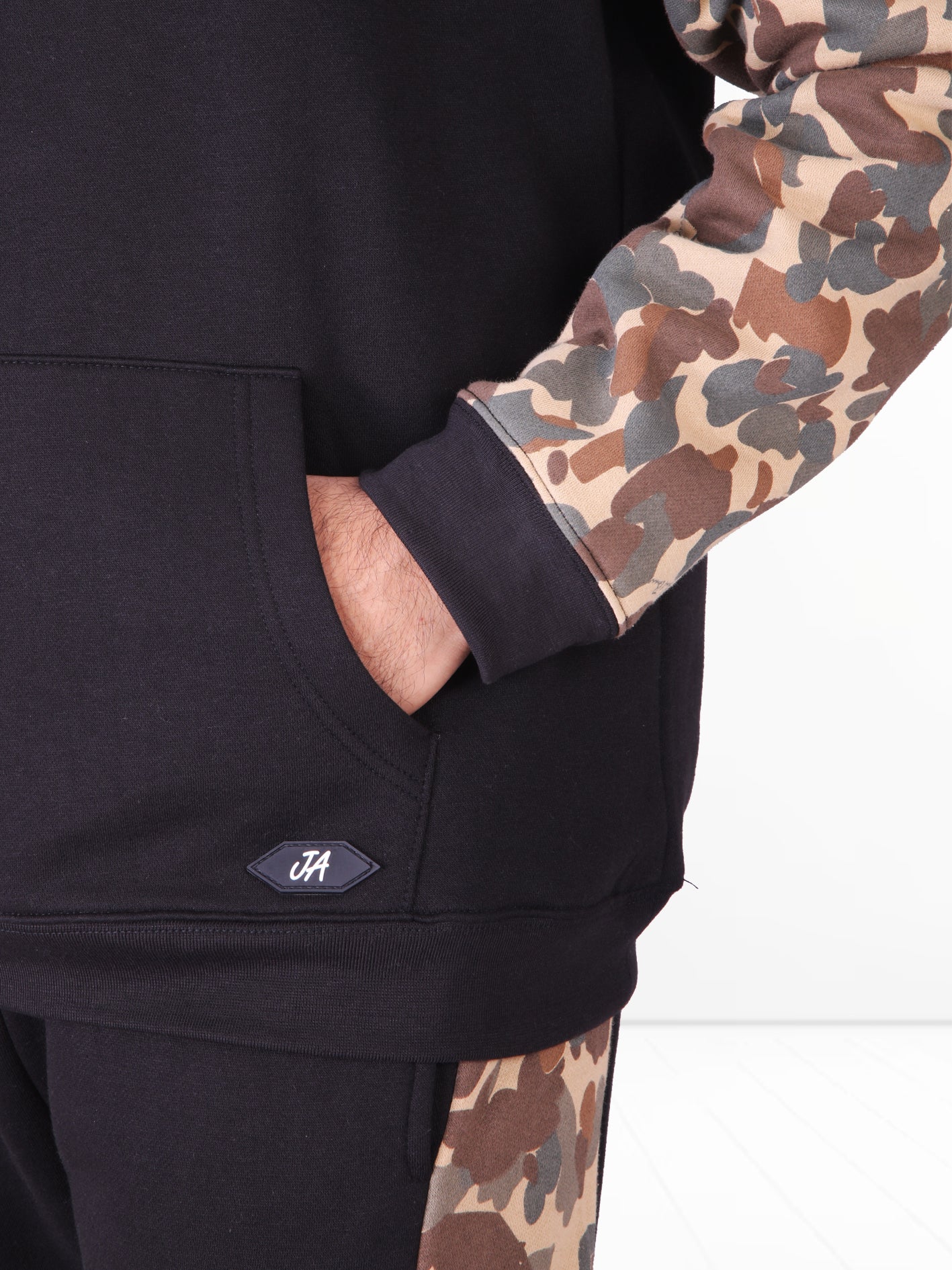 Black & Camo Fleece Raglan Tracksuit - Hoodie & Trouser Set
