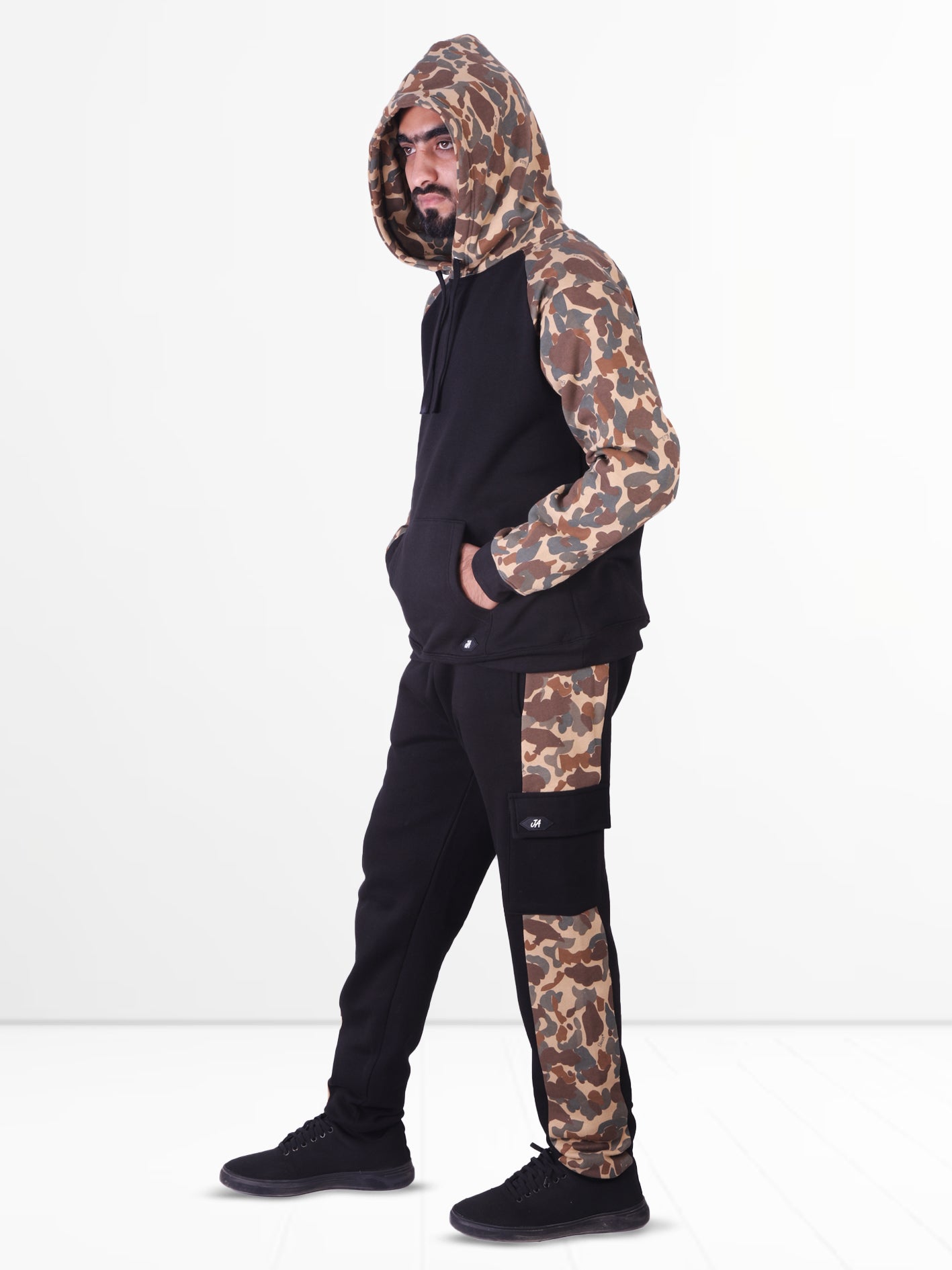Black & Camo Fleece Raglan Tracksuit - Hoodie & Trouser Set