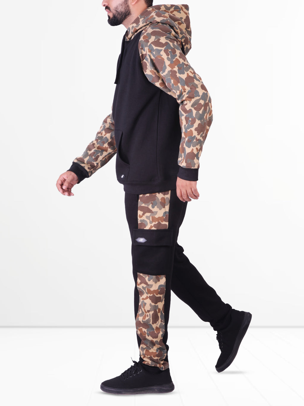 Black & Camo Fleece Raglan Tracksuit - Hoodie & Trouser Set