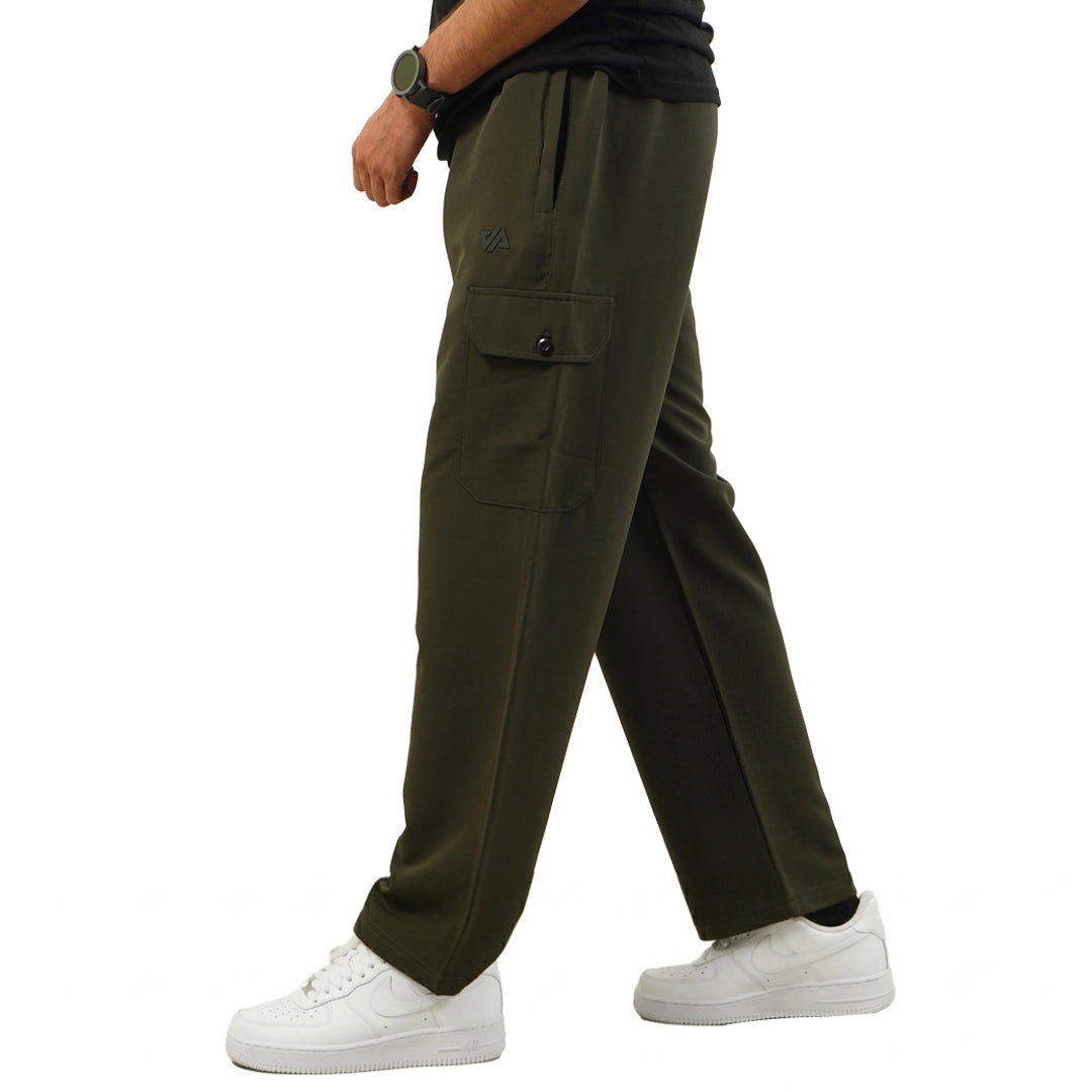 Olive Woven Terry Wide Leg Cargo Trousers