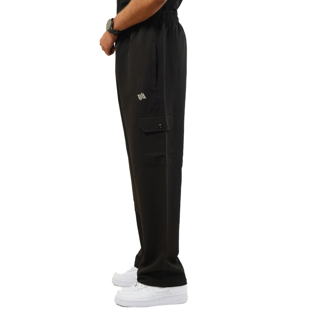 Black Woven Terry Wide Leg Cargo Trousers