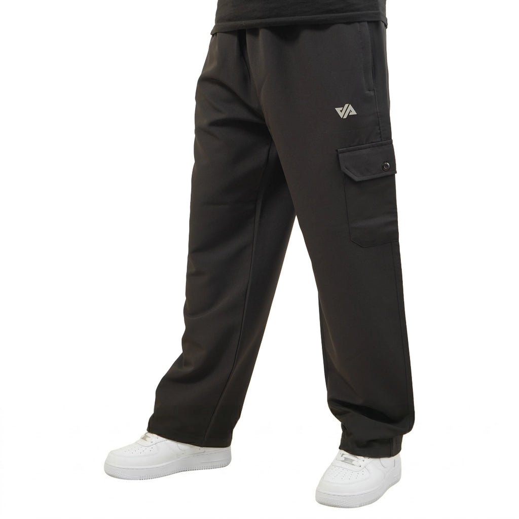 Black Woven Terry Wide Leg Cargo Trousers