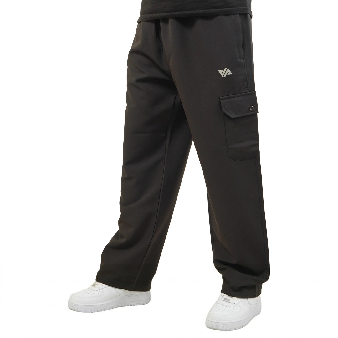 Black Woven Terry Wide Leg Cargo Trousers
