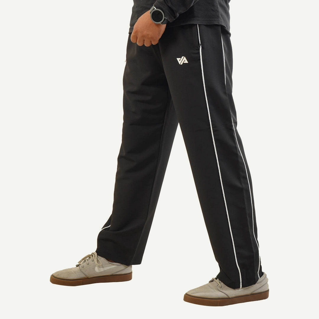 Black Woven Terry Double Piping Wide Leg Trouser