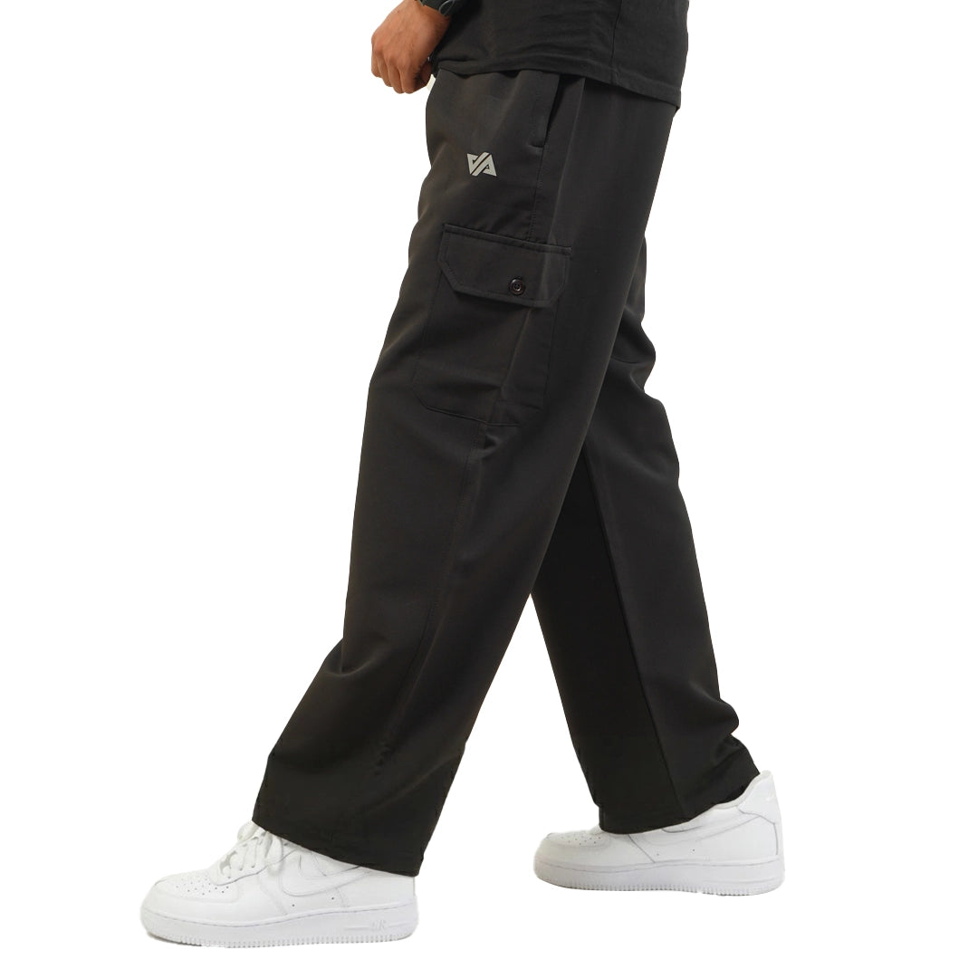 Black Woven Terry Wide Leg Cargo Trousers