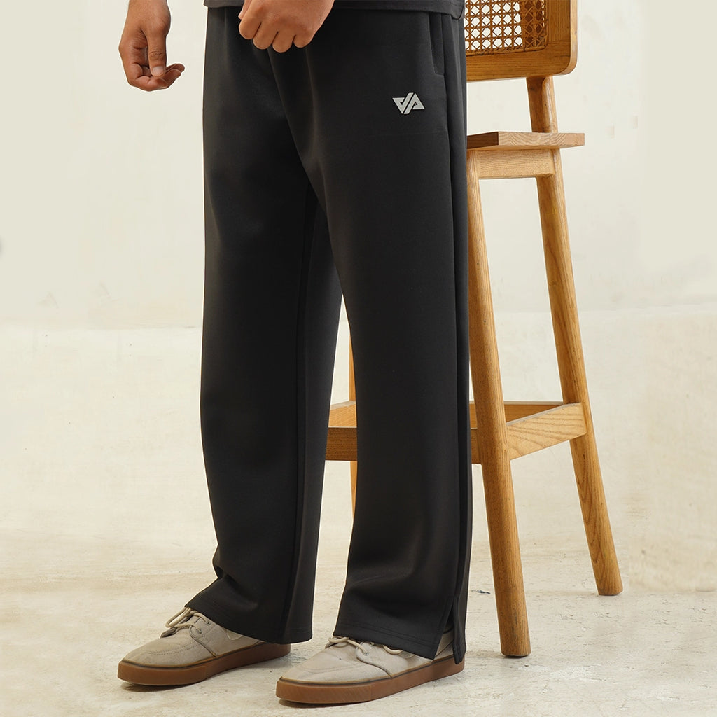 Black Poly Scuba Wide Leg Trouser with Slit