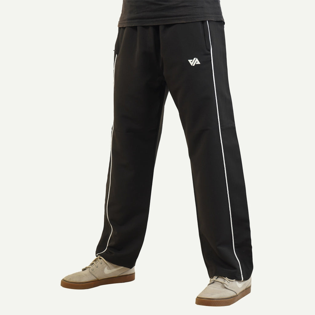 Black Woven Terry Double Piping Wide Leg Trouser