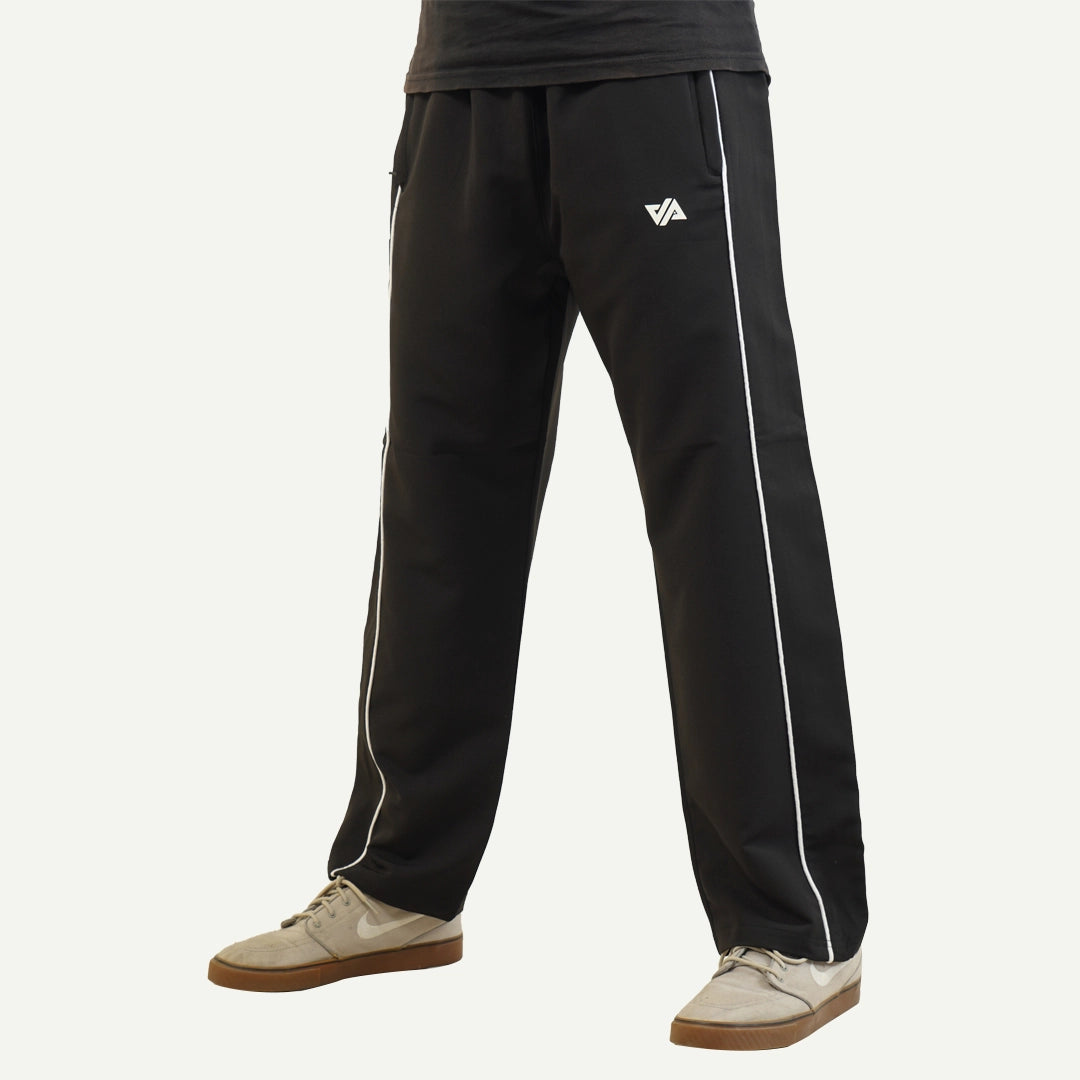 Black Woven Terry Double Piping Wide Leg Trouser