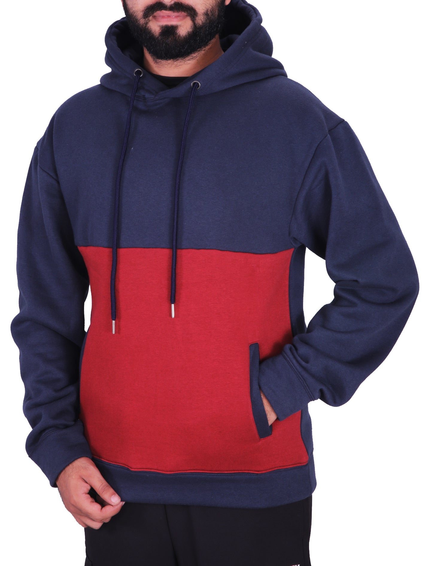Two Tone Fleece Pullover Hoodie – Navy & Red