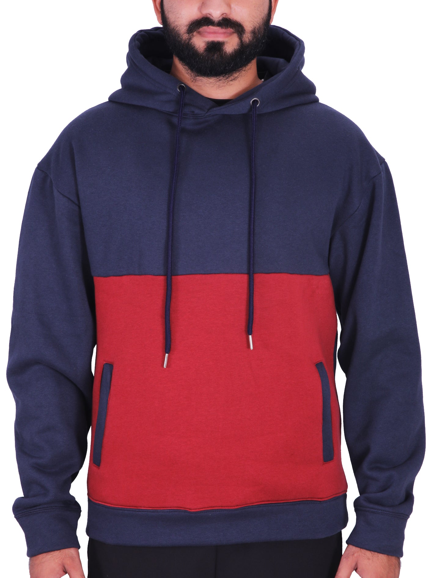 Two Tone Fleece Pullover Hoodie – Navy & Red