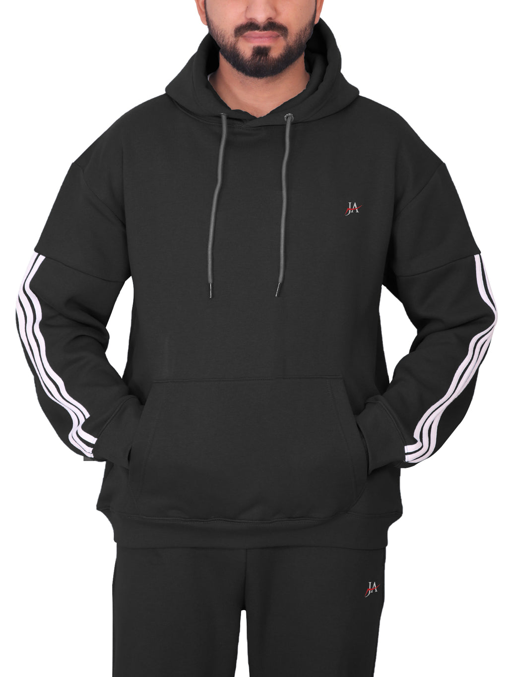 Oversized Black Fleece Striped Tracksuit - Hoodie & Trouser Set