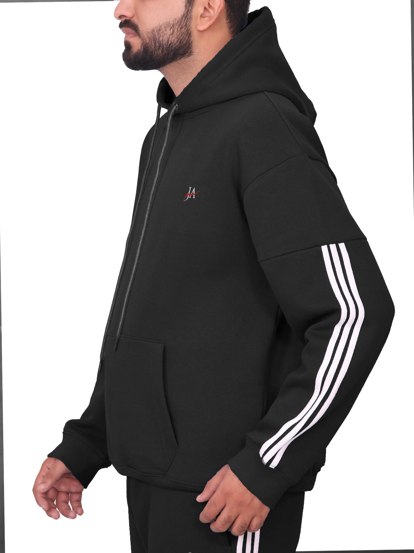 Oversized Black Fleece Striped Hoodie