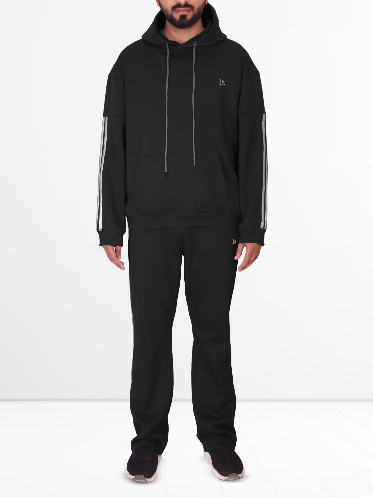 Oversized Black Fleece Striped Tracksuit - Hoodie & Trouser Set