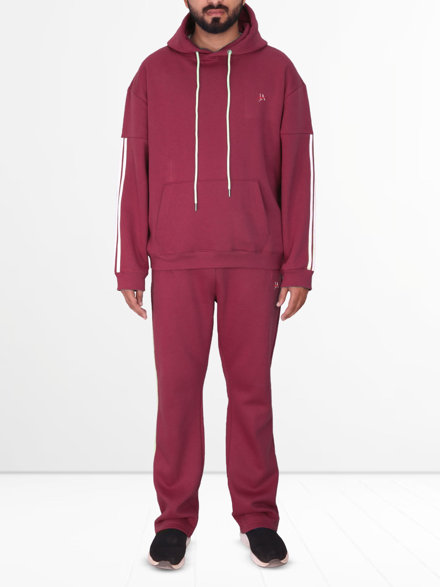 Oversized Burgundy Fleece Striped Tracksuit - Hoodie & Trouser Set