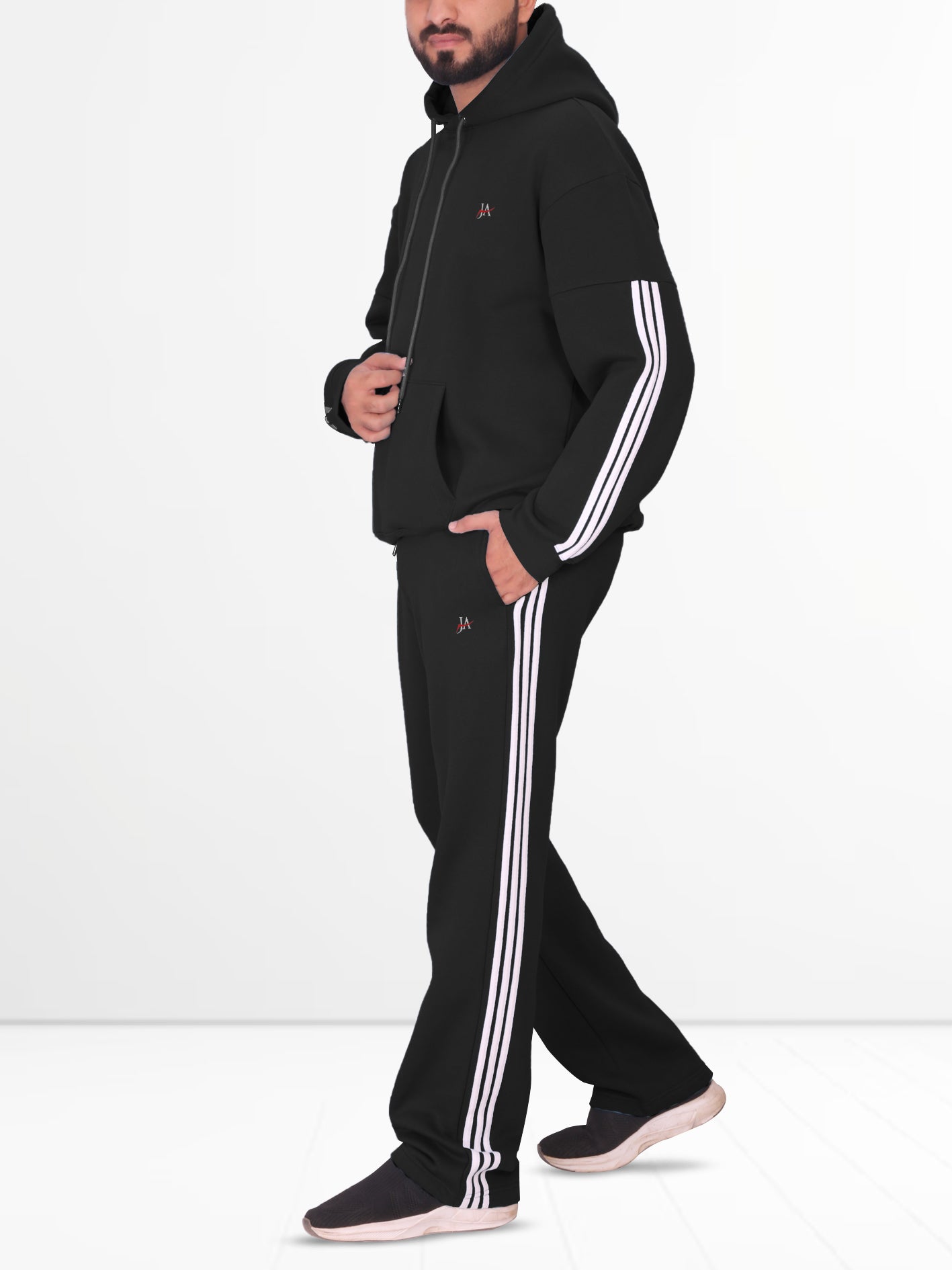 Oversized Black Fleece Striped Tracksuit - Hoodie & Trouser Set
