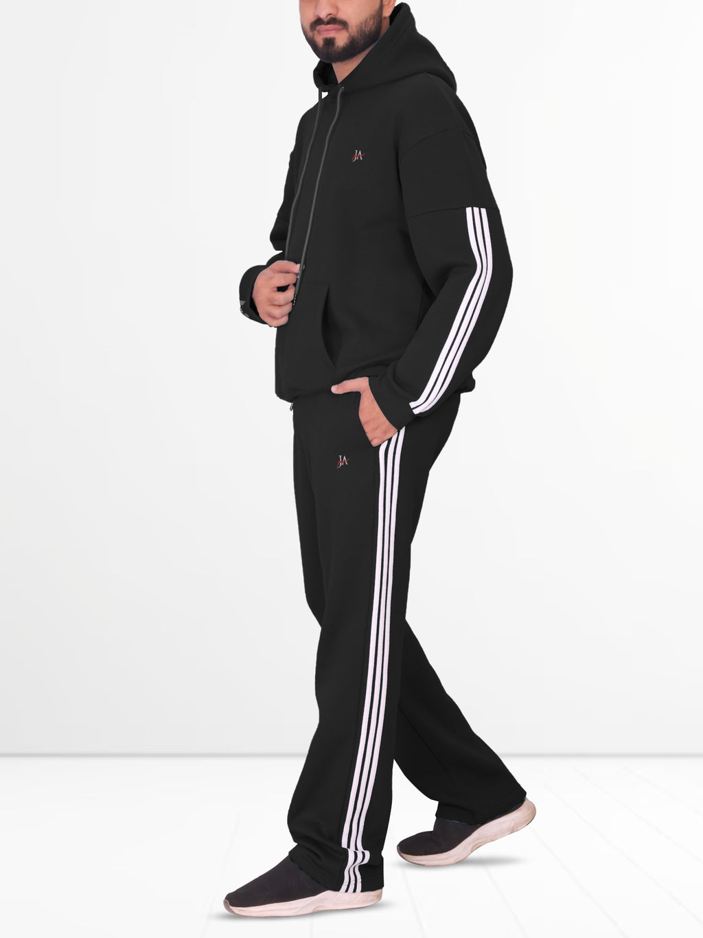 Oversized Black Fleece Striped Tracksuit - Hoodie & Trouser Set
