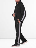 Oversized Black Fleece Striped Tracksuit - Hoodie & Trouser Set