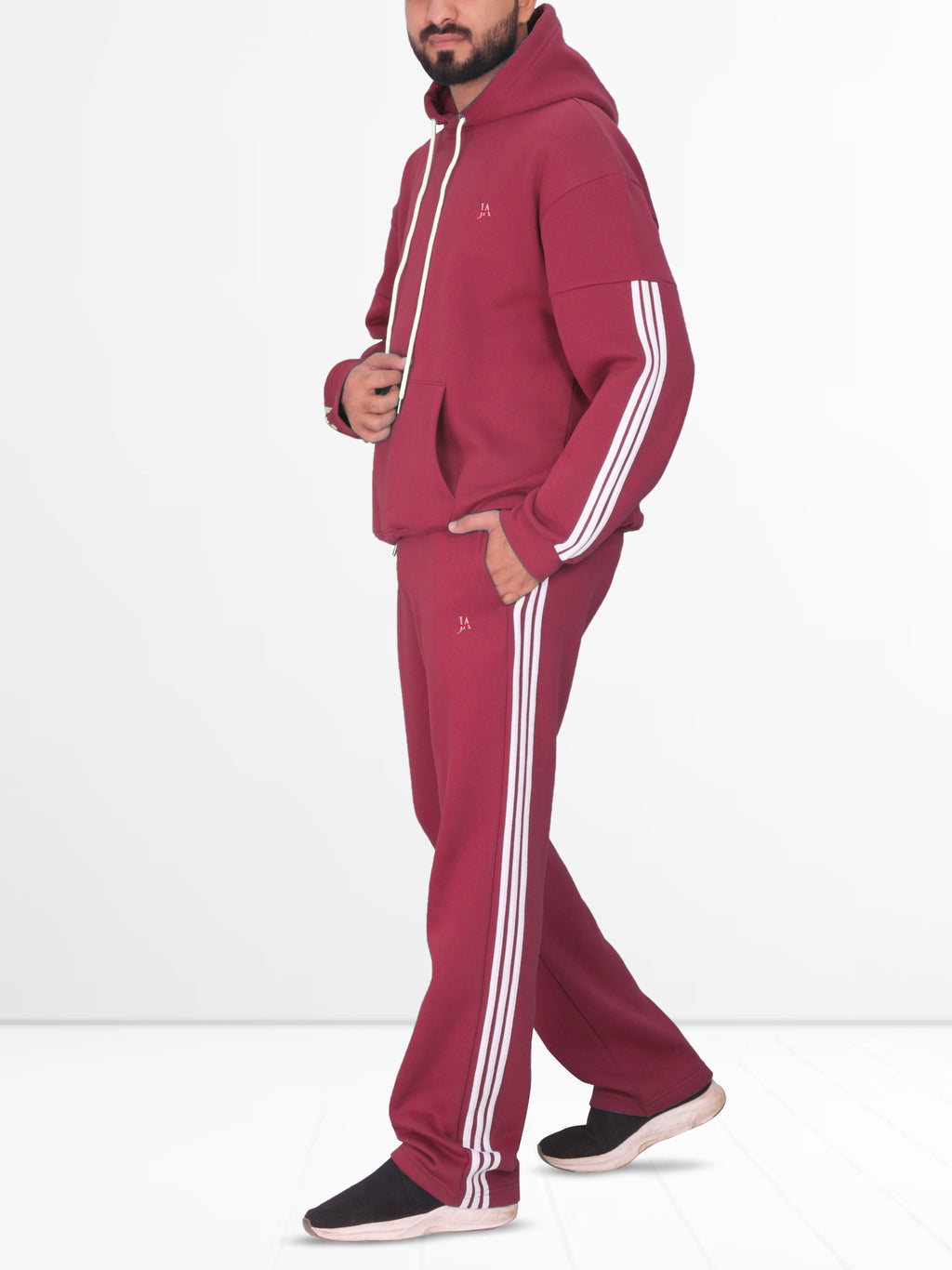 Oversized Burgundy Fleece Striped Tracksuit - Hoodie & Trouser Set