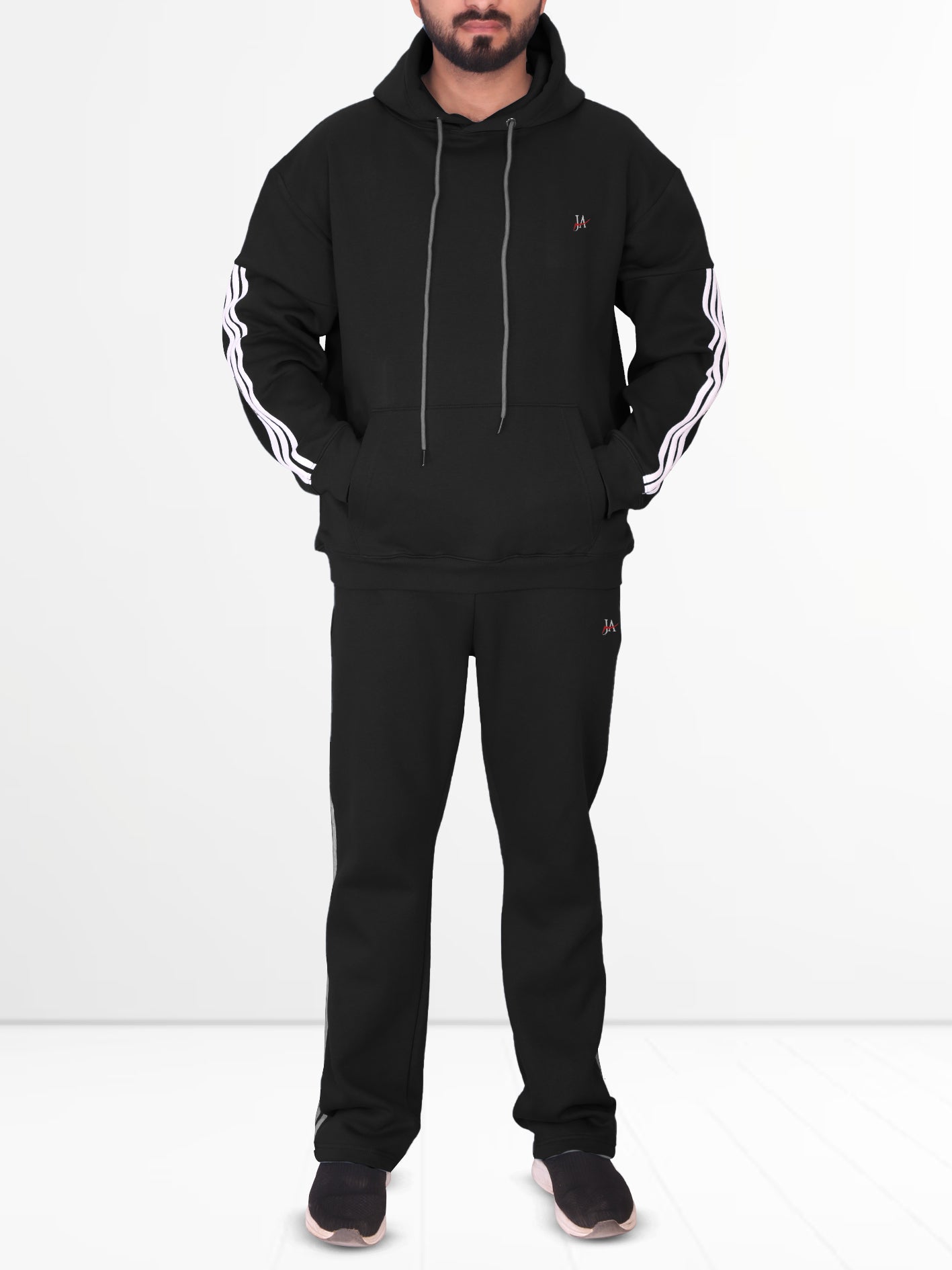 Oversized Black Fleece Striped Tracksuit - Hoodie & Trouser Set