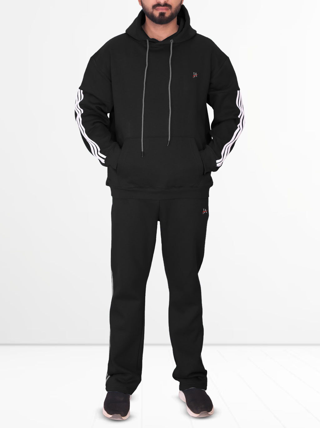 Oversized Black Fleece Striped Tracksuit - Hoodie & Trouser Set