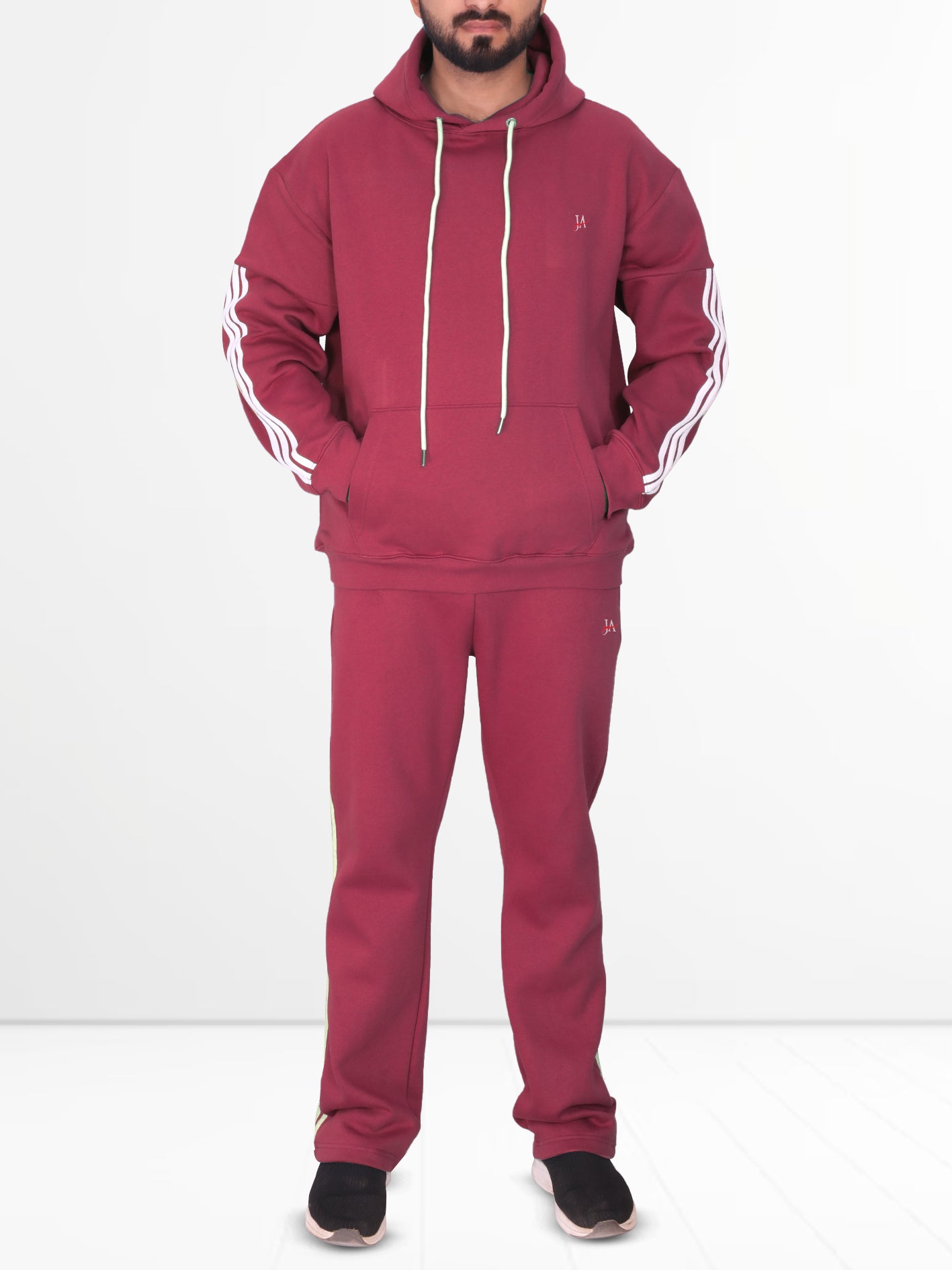 Oversized Burgundy Fleece Striped Tracksuit - Hoodie & Trouser Set