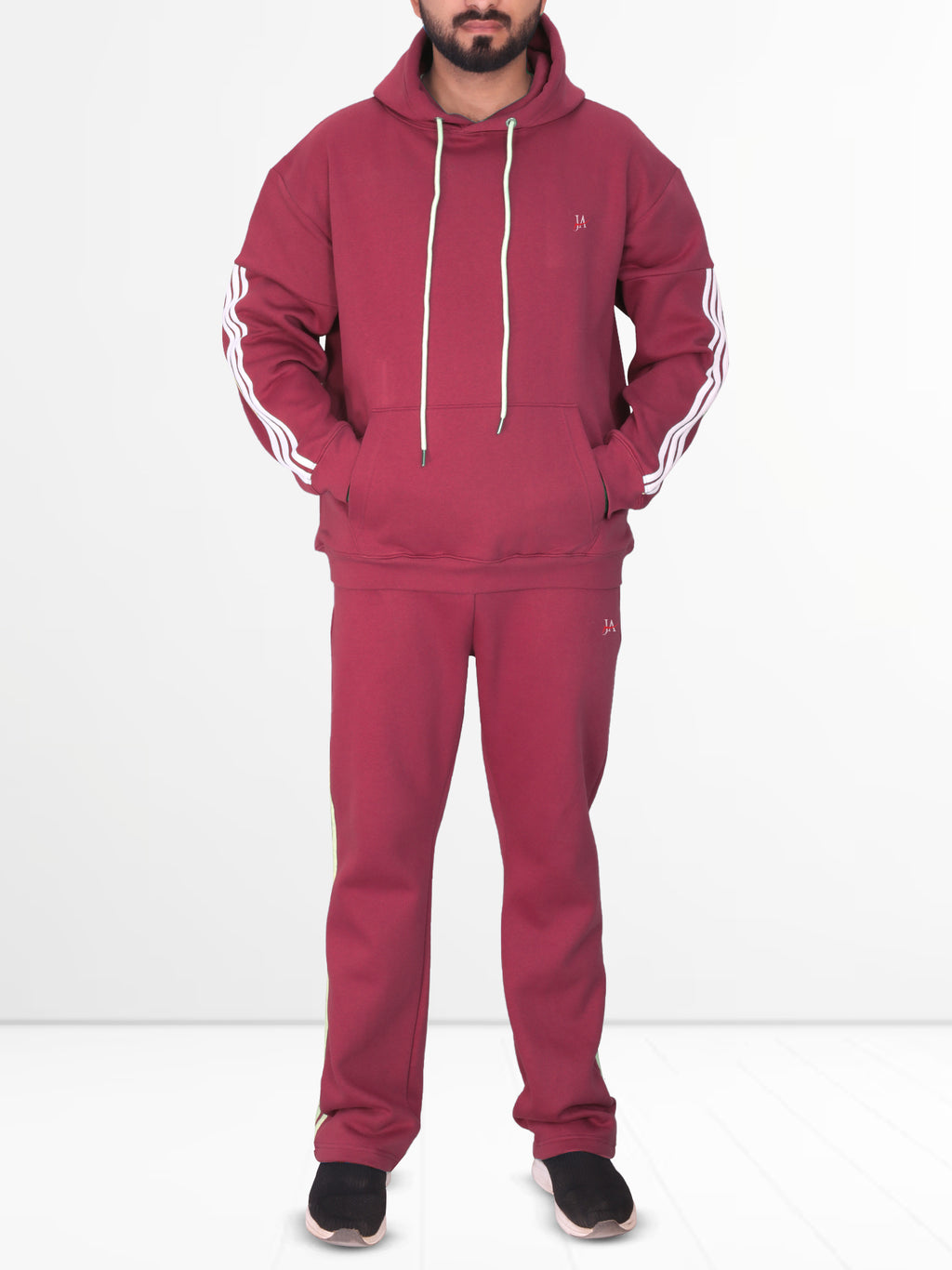 Oversized Burgundy Fleece Striped Tracksuit - Hoodie & Trouser Set