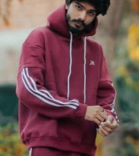 Oversized Burgundy Fleece Striped Hoodie