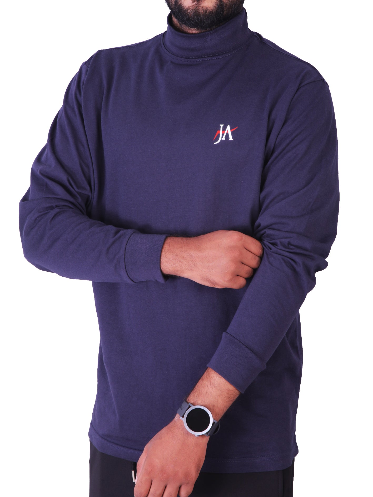 Full Sleeves Navy Mock Neck T-Shirt