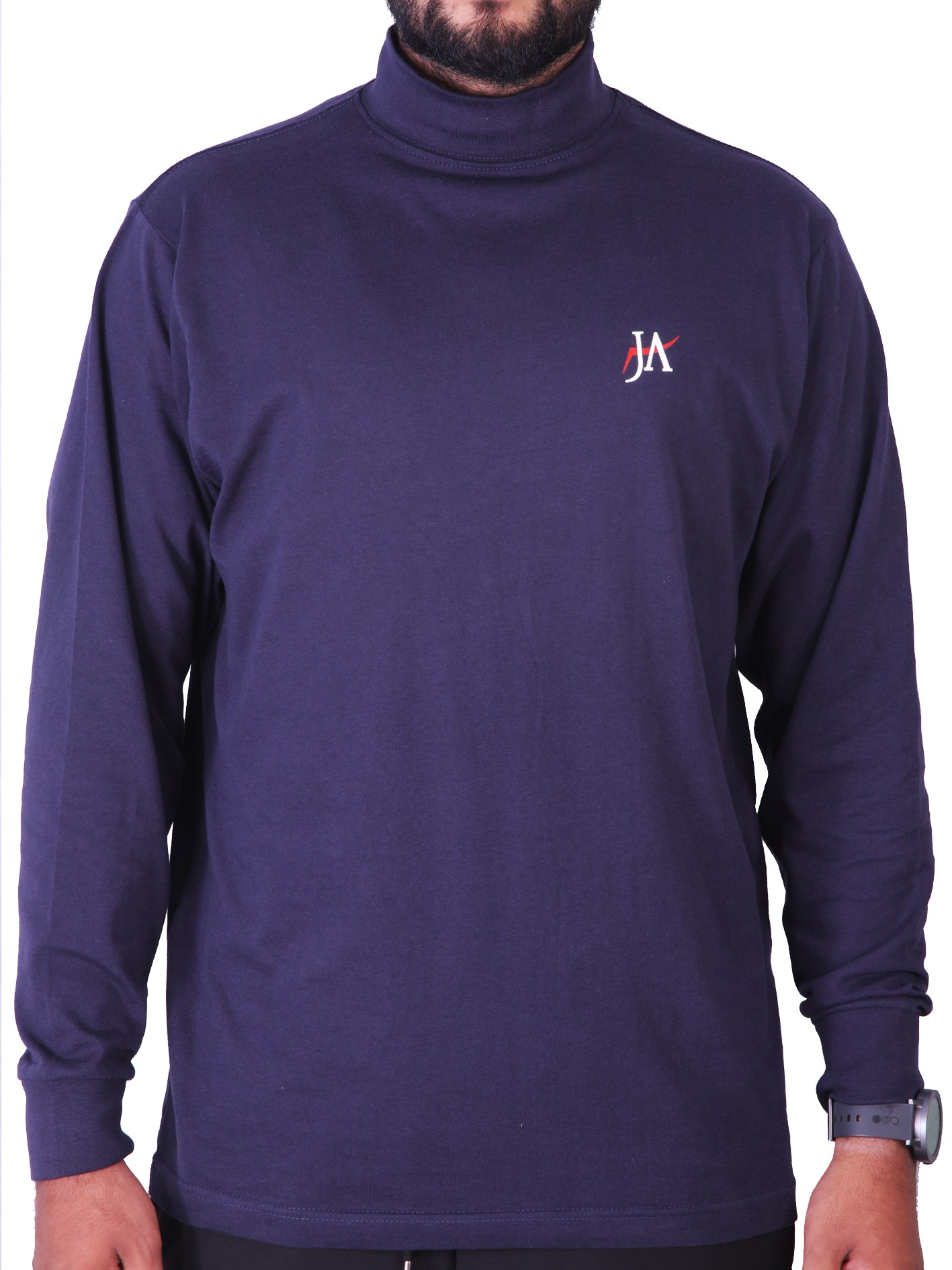 Full Sleeves Navy Mock Neck T-Shirt