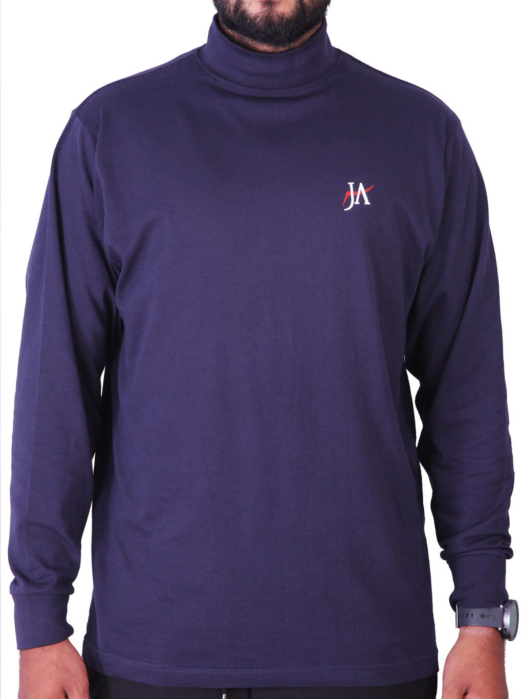 Full Sleeves Navy Mock Neck T-Shirt