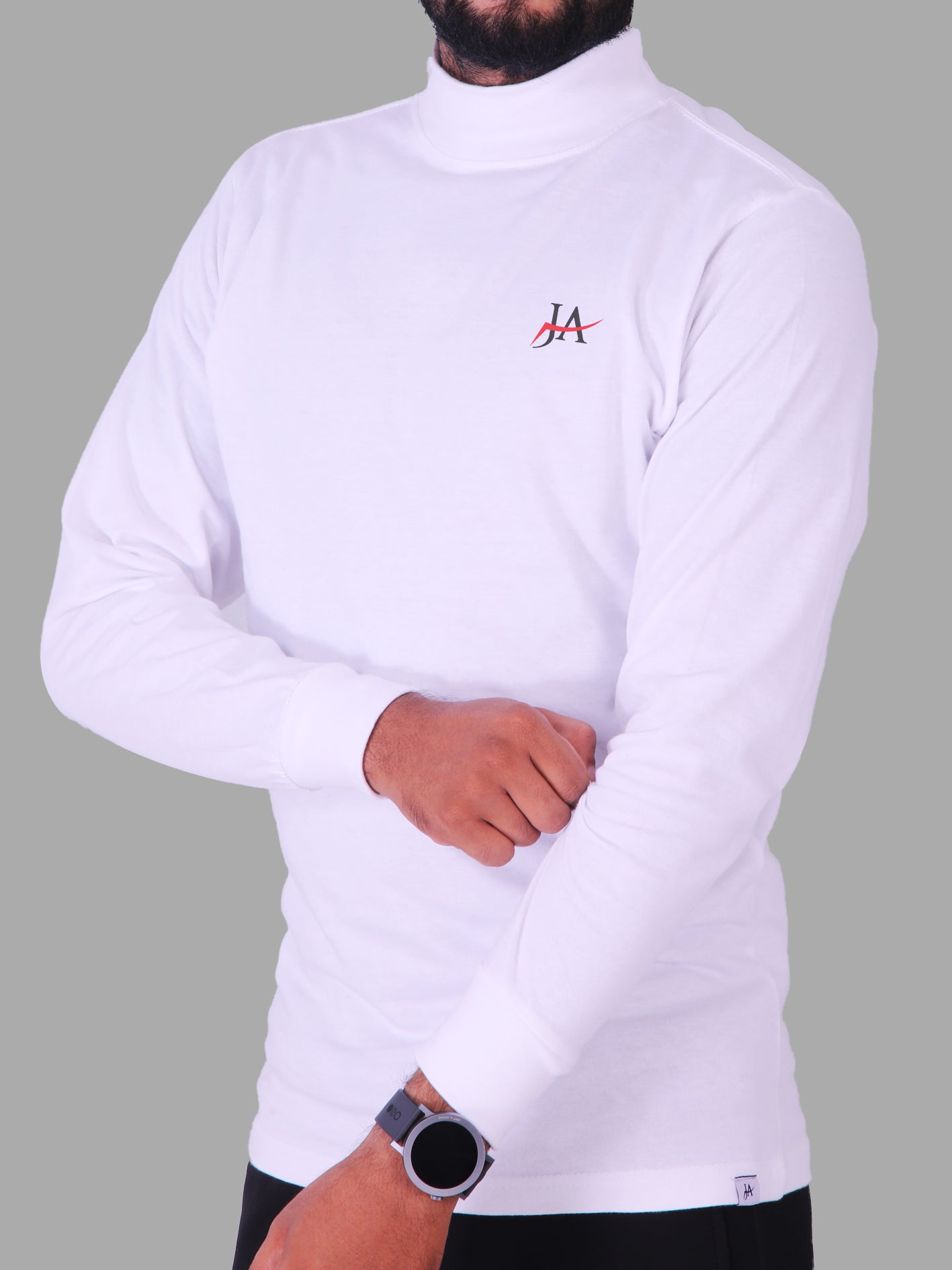 Full Sleeves White Mock Neck T-Shirt