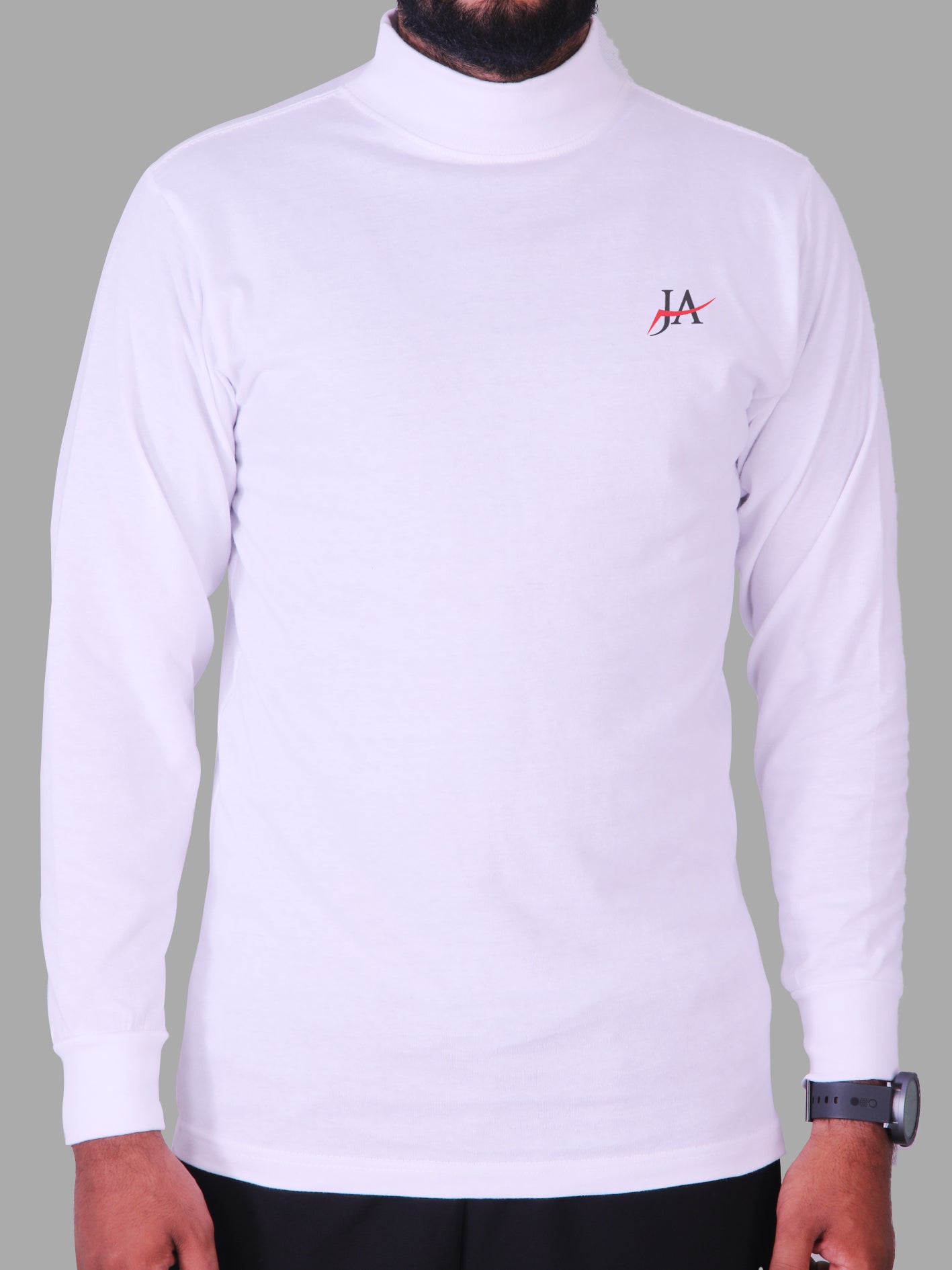 Full Sleeves White Mock Neck T-Shirt