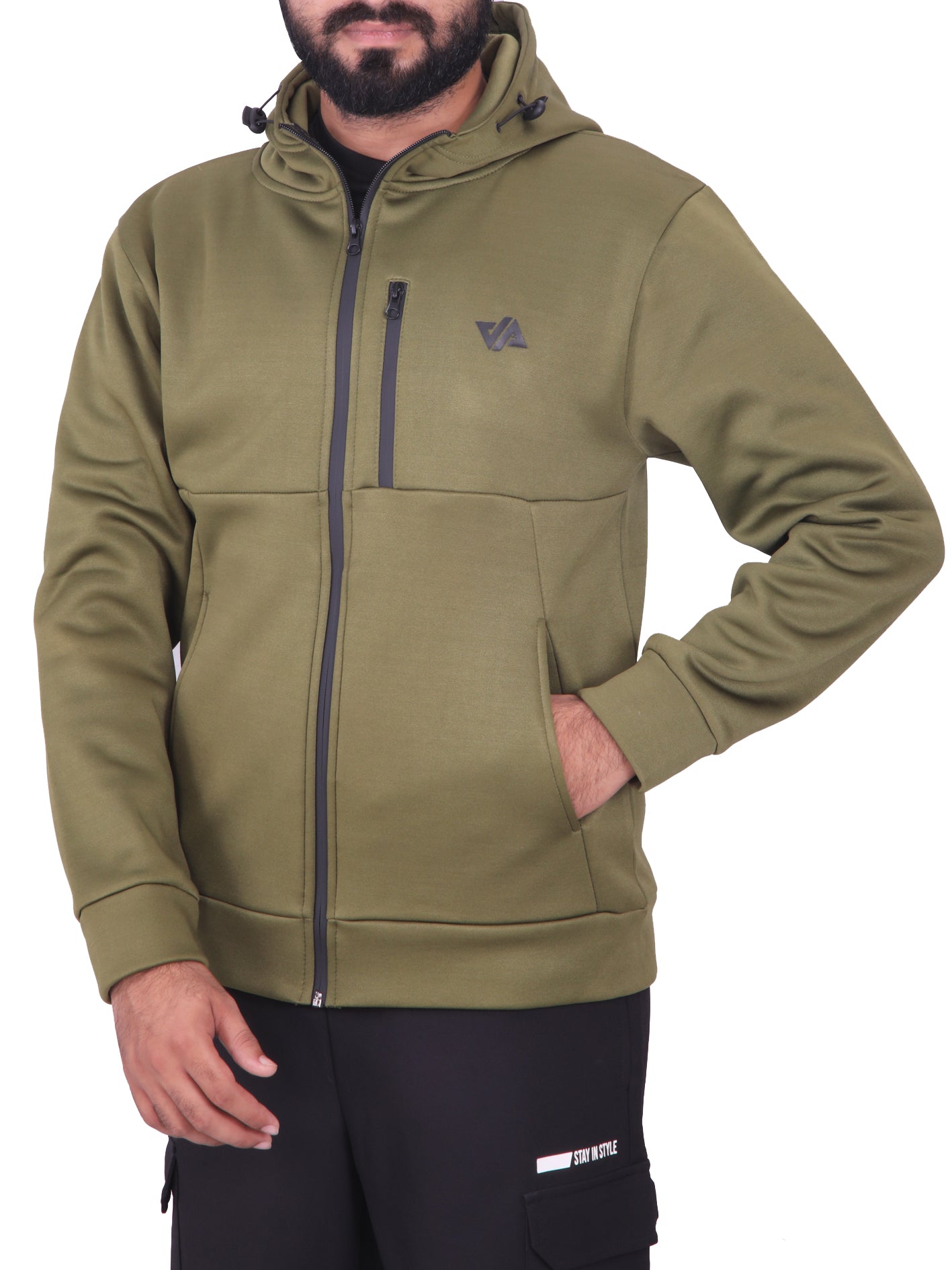 Olive Green Poly Fleece Zipper Pocket Hoodie
