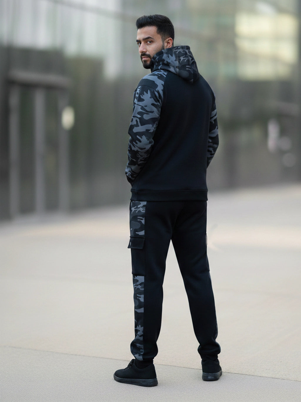 Black & Camo Grey Raglan Tracksuit - Hoodie & Trouser Set