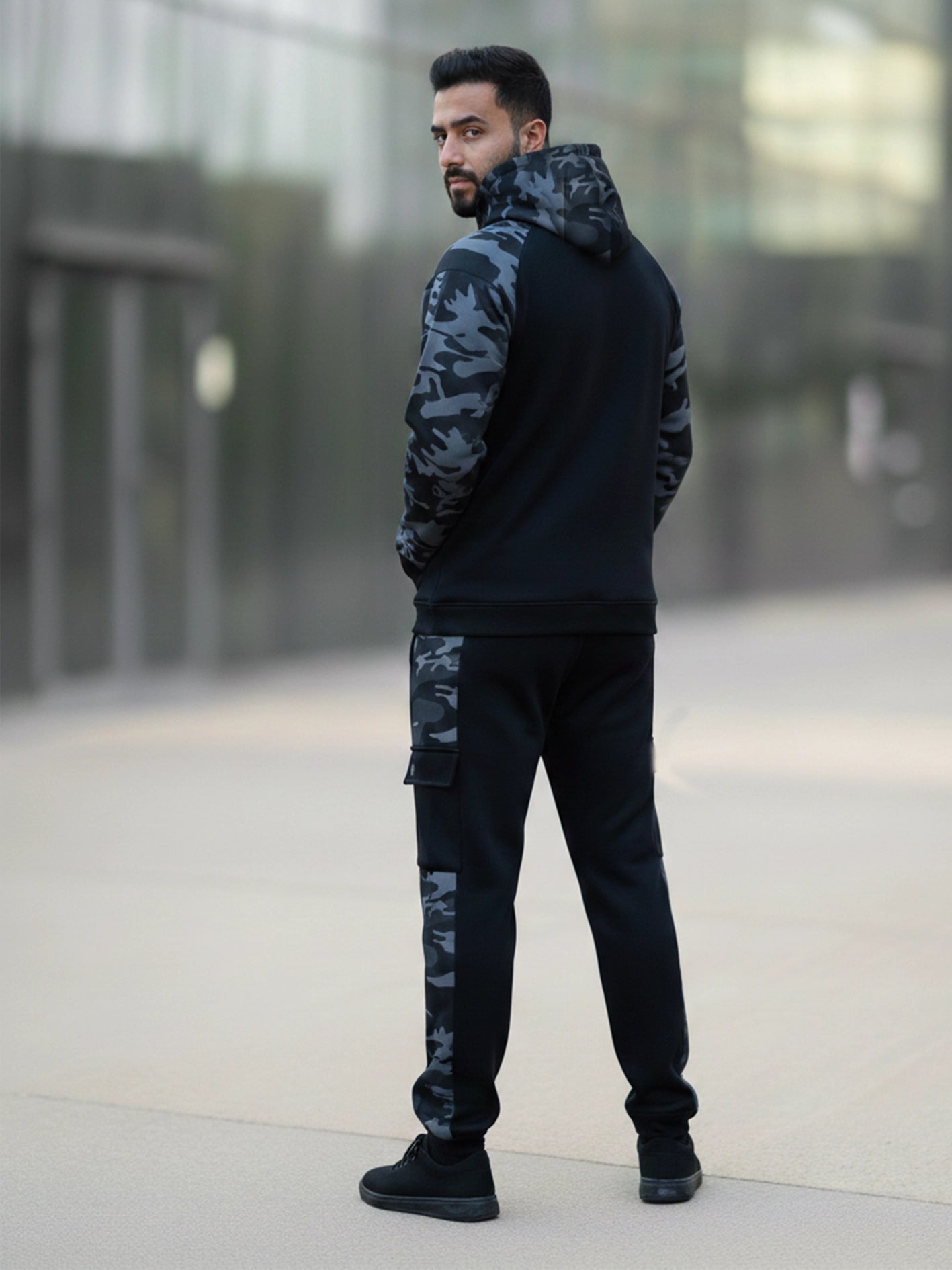 Black & Camo Grey Raglan Tracksuit - Hoodie & Trouser Set