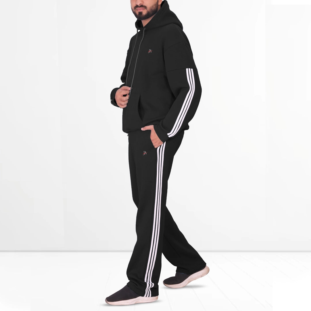 Oversized Black Fleece Striped Tracksuit - Hoodie & Trouser Set