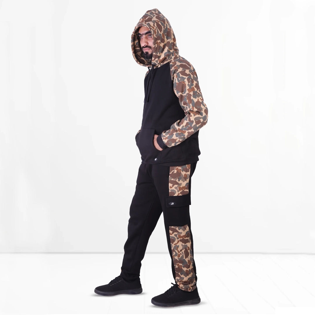 Black & Camo Fleece Raglan Tracksuit - Hoodie & Trouser Set
