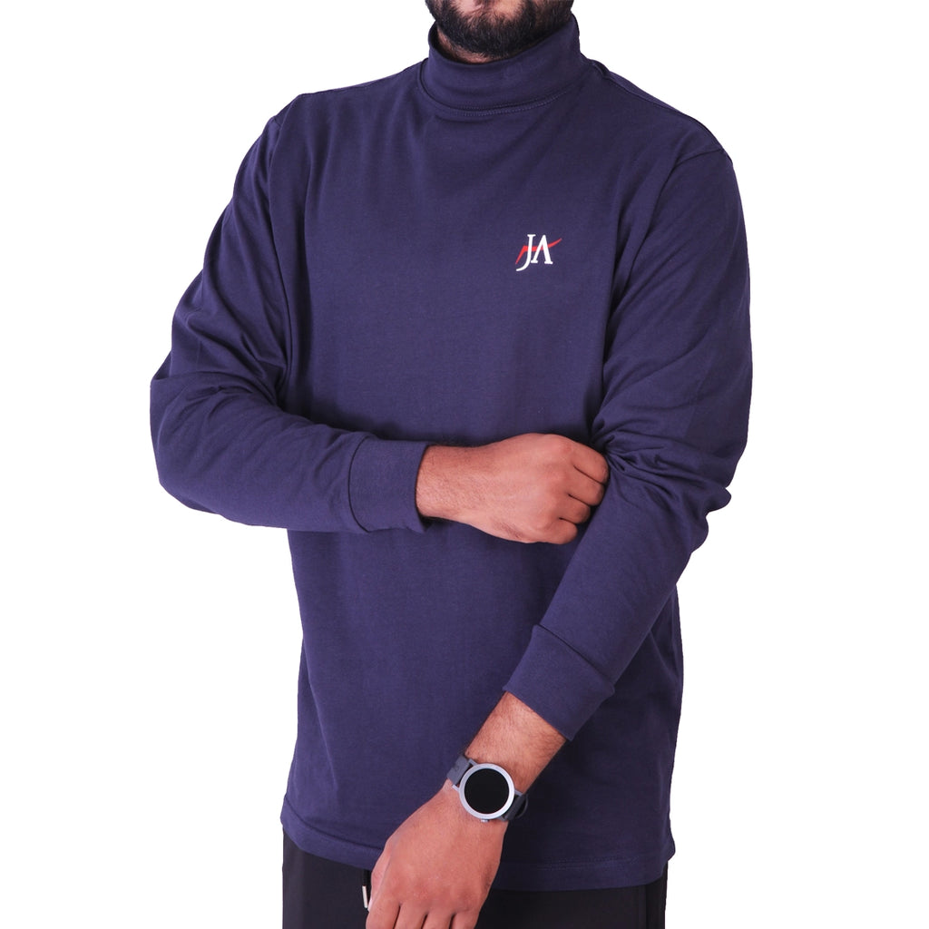 Full Sleeves Navy Mock Neck T-Shirt
