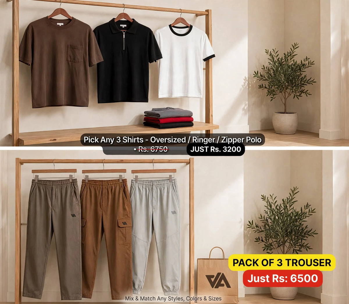 Pack of 3 Trousers for Men Just Rs 6500 - Cargo Trouser, Plain Trouser, Jogger Trouser - Mix and Match Any Styles, Colors and Sizes - VA Apparel Pakistan