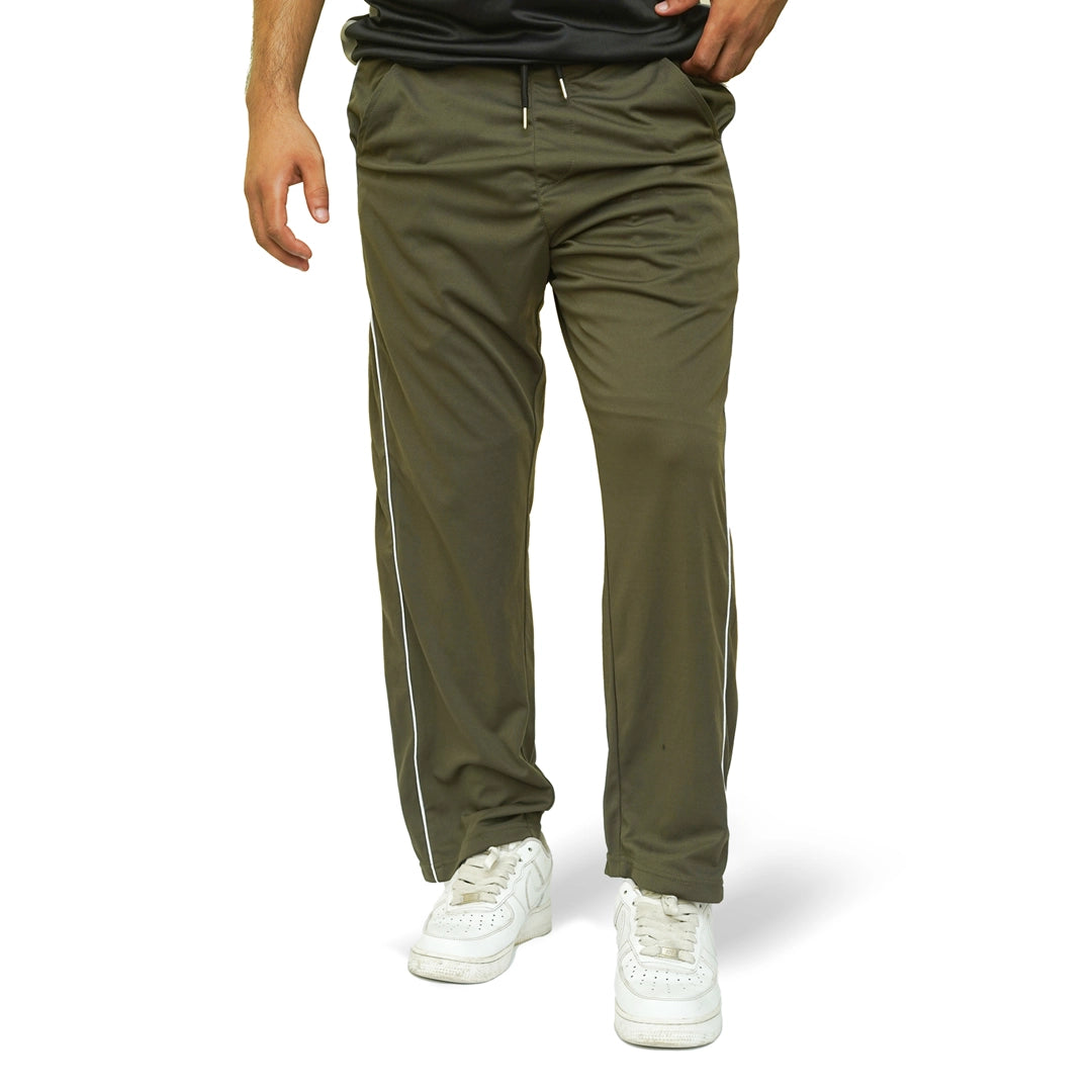 Olive Micro Relaxed Fit Trousers with White Piping