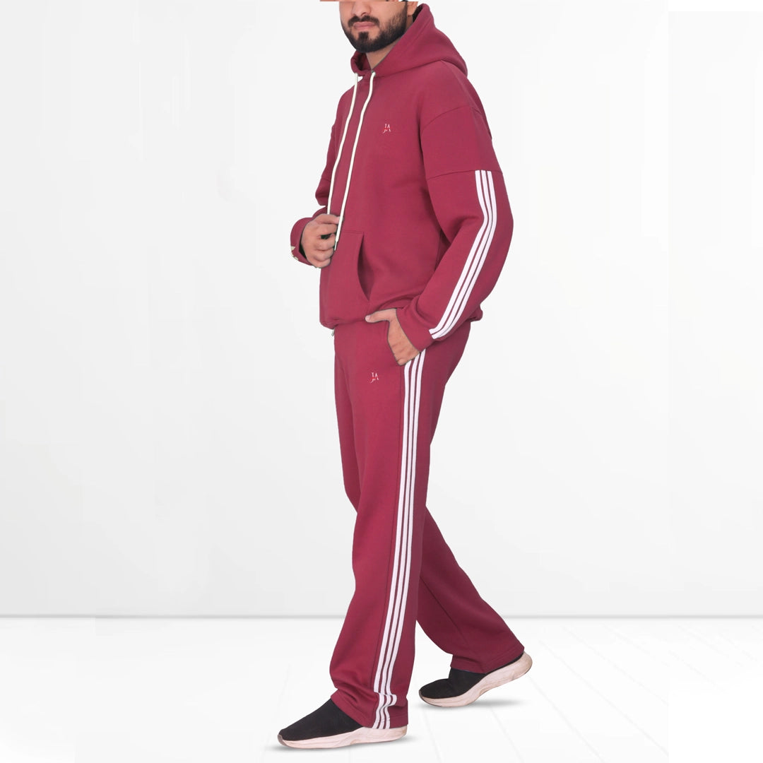 Oversized Burgundy Fleece Striped Tracksuit - Hoodie & Trouser Set