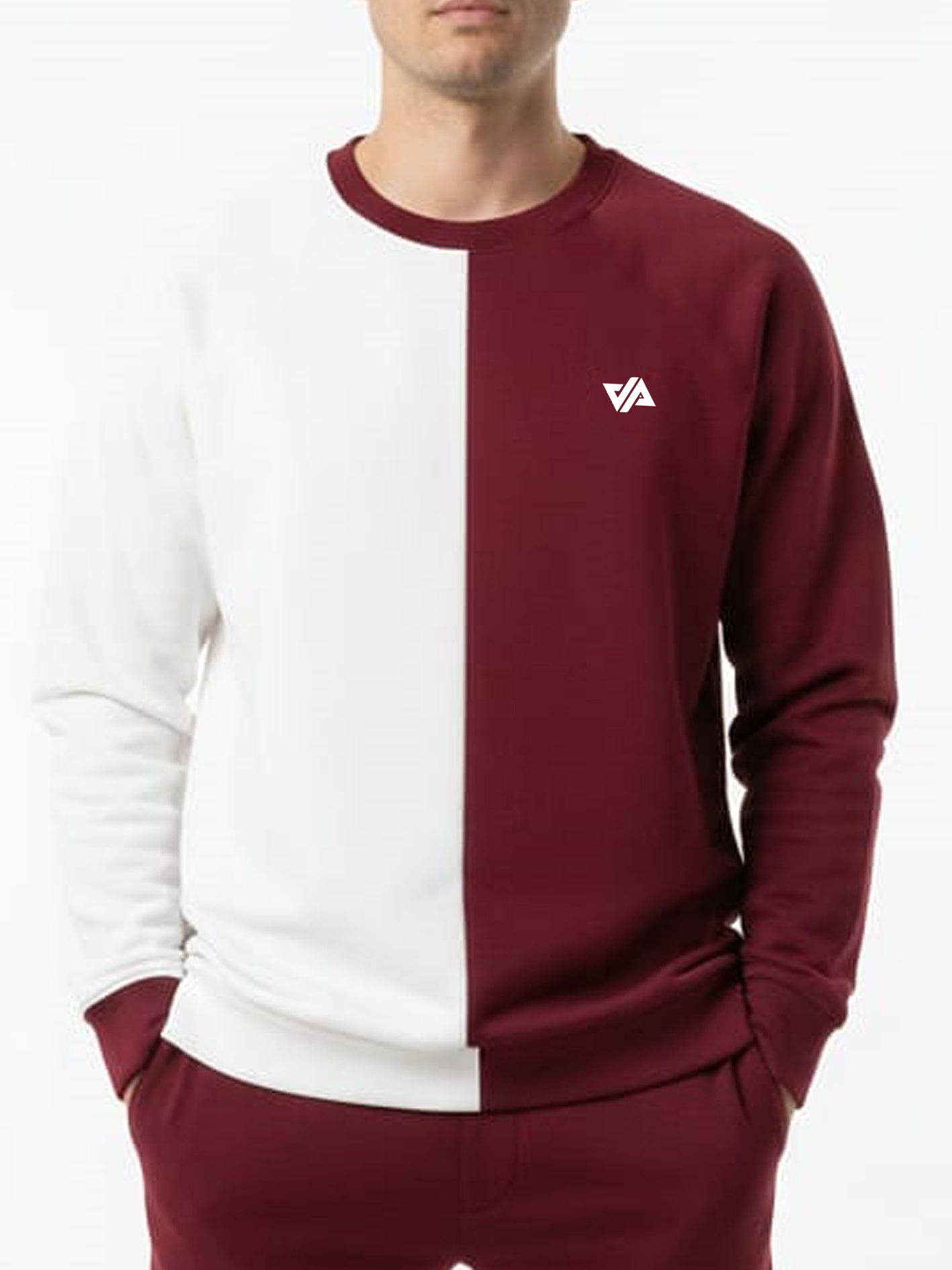 Two-tone maroon and white sweatshirt with a logo on a white background